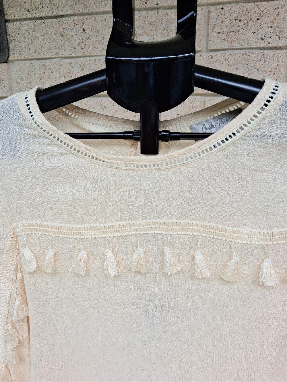 Womens Blouse Cream Tassel Detail Long Sleeve Top - Picture 3 of 8
